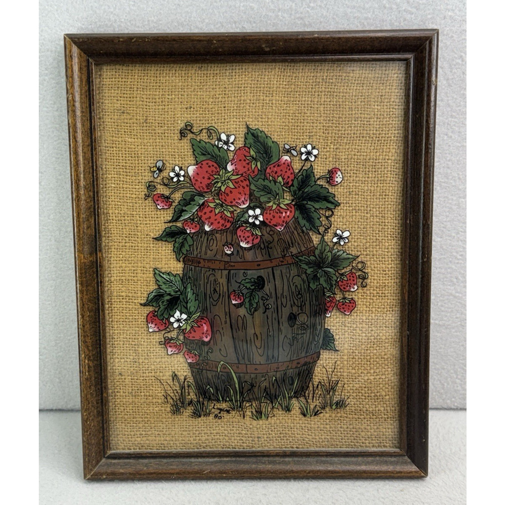 VTG Strawberry Barrel Framed Art 60/70s Reverse Glass 12x9.5 Farmhouse Cottage